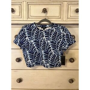 Ed Hardy Blue White Feather Print Crop Top Short Sleeve Crew Neck Large New